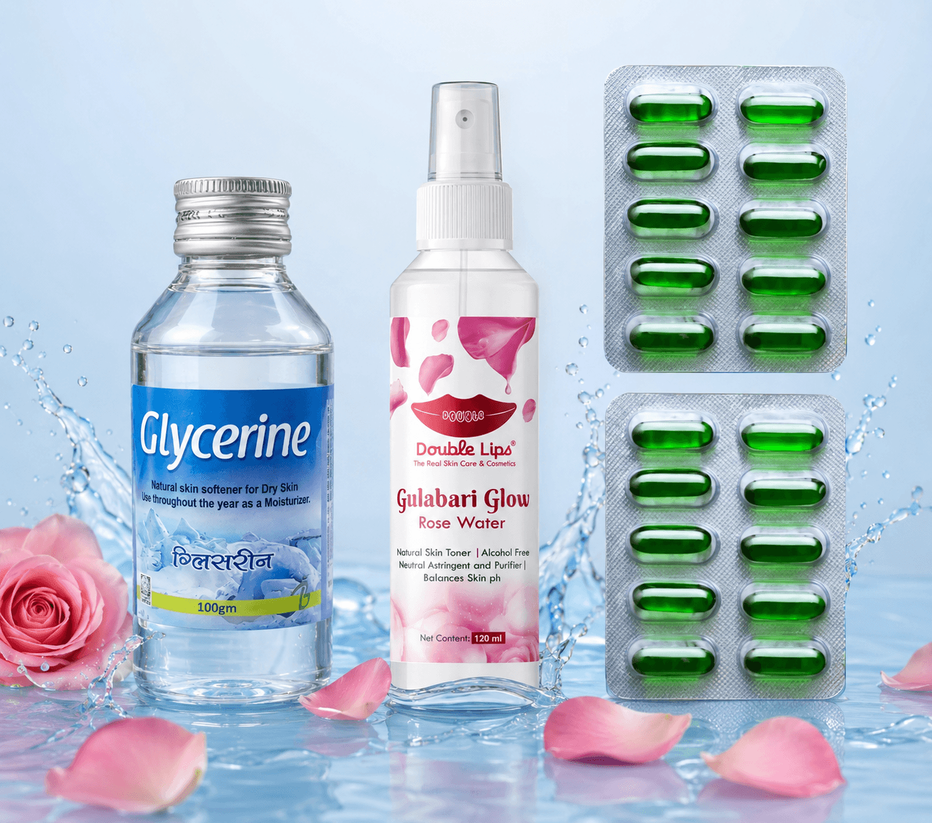 glycerine (100gm) + rose water (120ml) + vitamin e (20 capsules) skin care combo glycerine (100gm) + rose water (120ml) + vitamin e (20 capsules) skin care combo